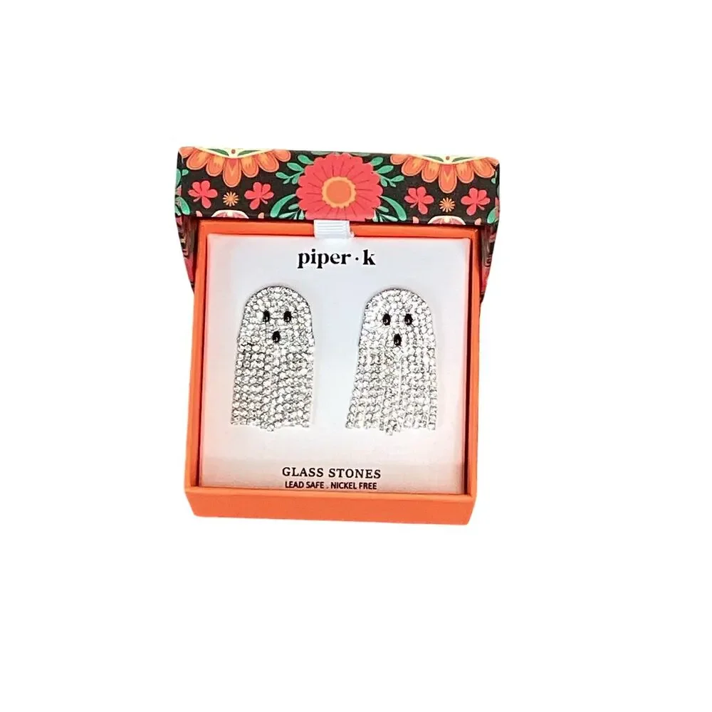 Piper K Ghost Rhinestone Earrings Halloween Dangle Glass‎ Stone Cute Spooky NWT